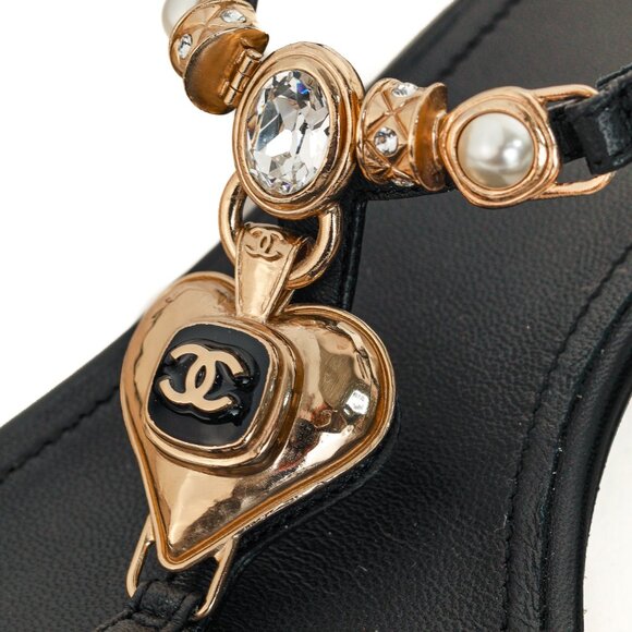 Chanel Cruise 2023 Black Embellished Heart Leather Thong Sandals - Picture 8 of 12